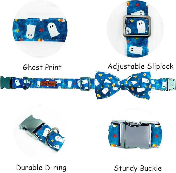 Halloween Dog Collar, Ghost Print Adjustable Pet Collar Blue Cute Cotton Soft - Image 2