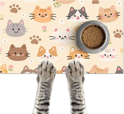 Cat Feeding Mat 24x16 inch Beige Kitten Print Pet Bowl Placemat Non Slip Floor by HOMETITUTE
