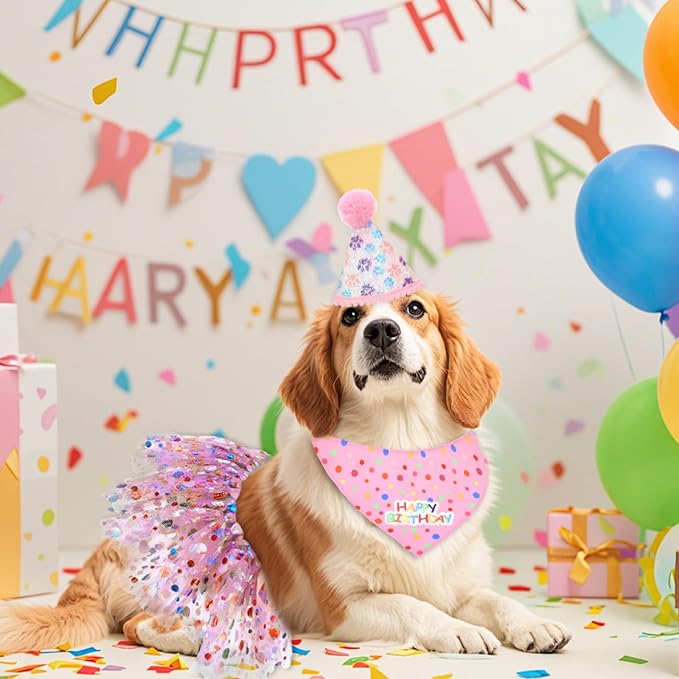 Dog Birthday Bandana with Hat and Dress Girl Set Puppy Birthday Party Supplies - Image 6