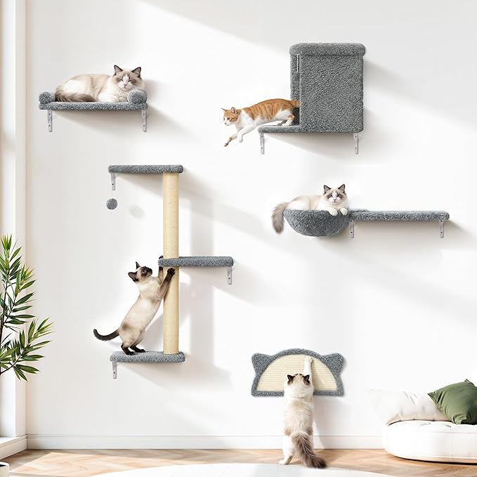 5-in-1 Cat Wall Shelves, Solid Wood & Velvet & Sisal Scratcher, 44lbs Max Load by PLEKER