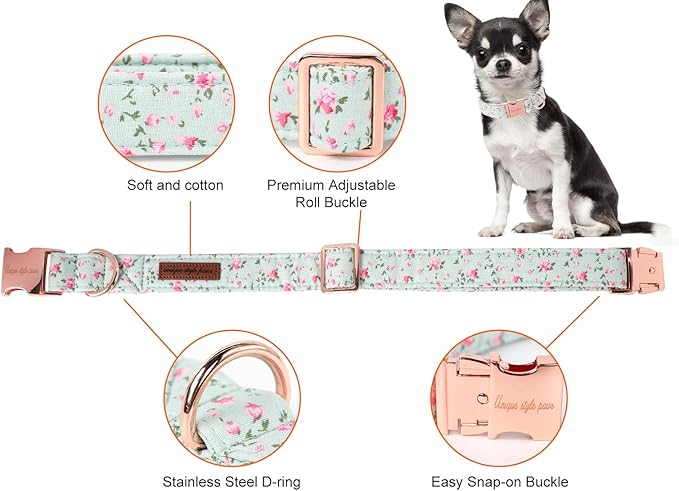 Unique style paws Dog Collar Metal Buckle Green Flowers Collar Gift Durable - Image 2