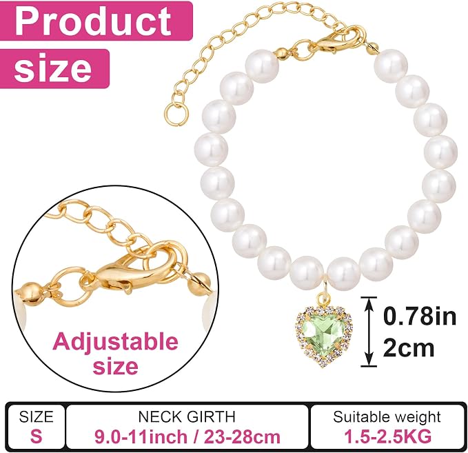 2pcs Cat Pearl Collar with Heart Pendant, Cute Pearl Pet Necklace in Small - Image 2