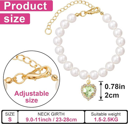 2pcs Cat Pearl Collar with Heart Pendant, Cute Pearl Pet Necklace in Small - Image 2