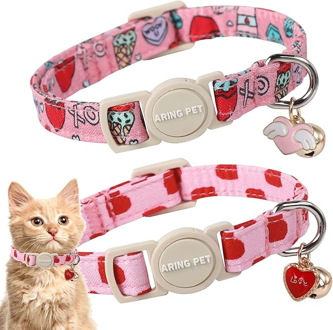 ARING PET 2 Pack Valentine's Day Cat Collars-Cute Heart Cat Collar Breakaway by ARINGPET