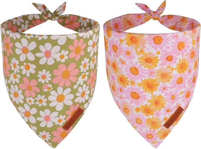 ADOGGYGO Floral Dog Bandanas 2 Pack, Daisy Flower Puppy Scarf, Premium Fabric by ADOGGYGO
