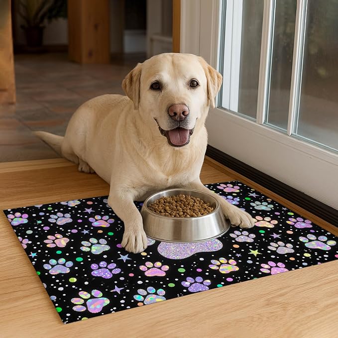 Pet Feeding Mat 24x16 inch Glitter Paw Print Pet Bowl Placemat Non Slip Floor - Image 4