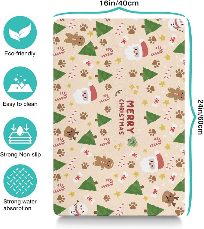 Christmas Dog Food & Water Mat, Paw Prints Santa Claus Snowman Xmas Pet Feeding - Image 3