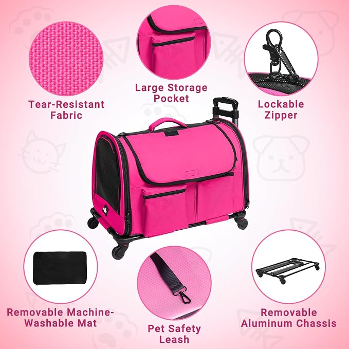 Large Pet Carrier with Wheels, Foldable Rolling Dog Carrier with Big Pocket - Image 3