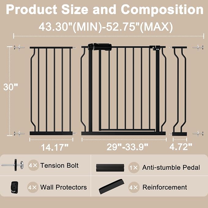 WAOWAO Baby Gate 43.3-52.75" Extra Wide Pressure Mounted Walk Through Swing - Image 2