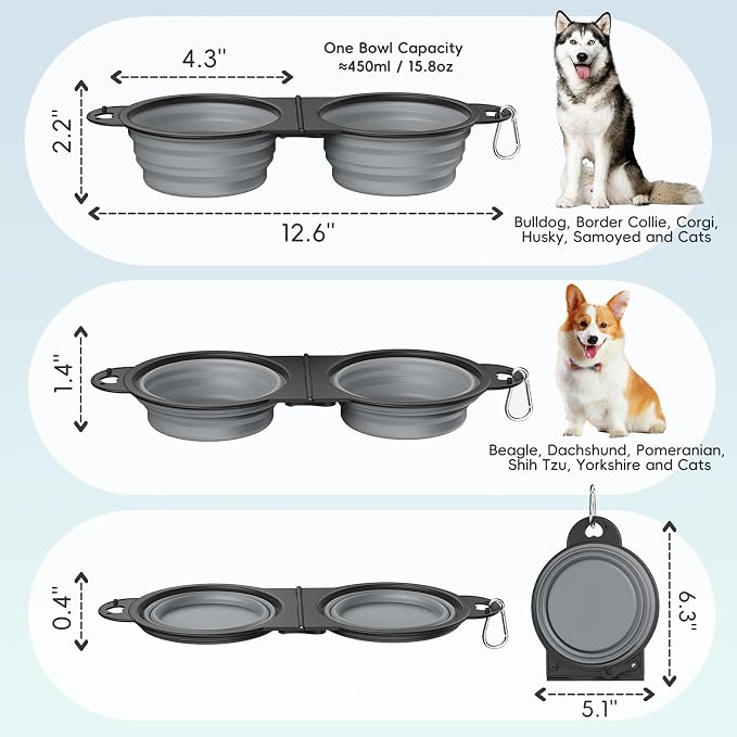 Pawaboo 2-in-1 Collapsible Dog Bowls, Dual Puppy Food and Water Bowls, 180° - Image 2