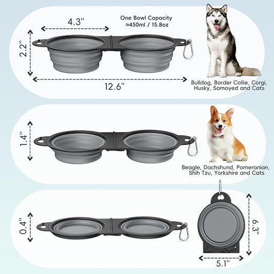 Pawaboo 2-in-1 Collapsible Dog Bowls, Dual Puppy Food and Water Bowls, 180° - Image 2