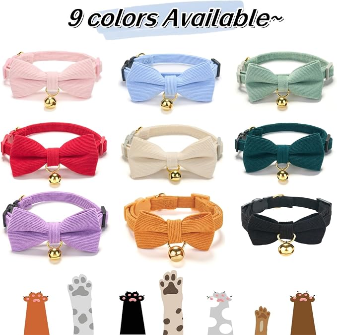 Soft Corduroy Cat Collar with Bell and Bowtie, Safety Breakaway Clasp, - Image 8