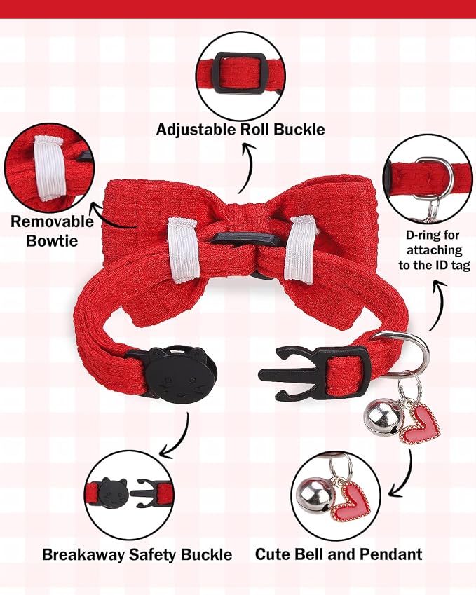 Cat Collar Breakaway with Bells, Soft Cotton Red Cat Bowtie Collar - Image 2