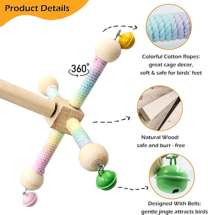 Bird Stand Perch Toy with Bells, Interactive Spinning Parakeet Toys, Wooden - Image 4