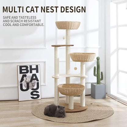 52" Modern Cat Tree Tower for Large Cats, 3Cat Nests Manual Hand Woven - Image 2
