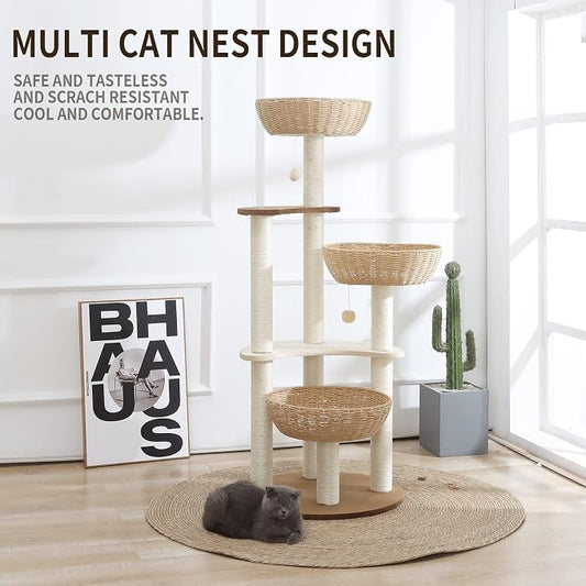 52" Modern Cat Tree Tower for Large Cats, 3Cat Nests Manual Hand Woven - Image 2