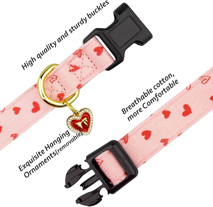 Cotton Handmade Dog Collar Cute and Distinctive Patterns Pink Heart - Image 2