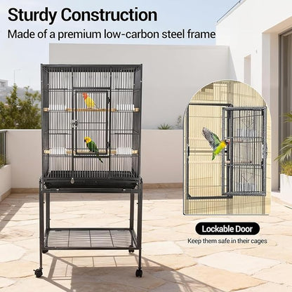 53 Inch Bird Cage with Wooden Perches, Standing Wrought Iron Birdcage with - Image 5