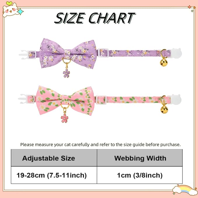 2 Pack Floral Cat Collars with Bow Tie and Bell Adjustable Breakaway Bowtie - Image 6