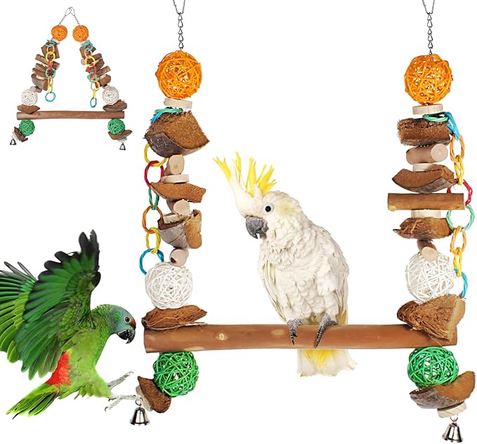 3-in-1 Parrot Toys Natural Coconut Fiber Parrot Hammock Natural Bird Perches - Image 7