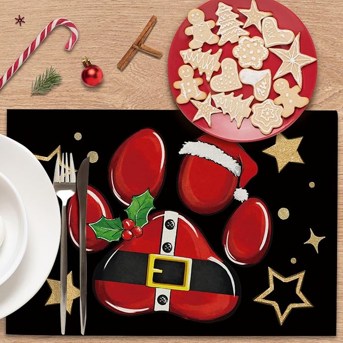 Christmas Dog Cat Paw Prints Placemats Set of 4, Xmas Stars Dining Place Mats - Image 4