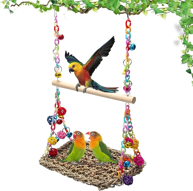 Bird Swing Mat with Wood Perch, AHIER Seagrass Bird Hammock by Ahier