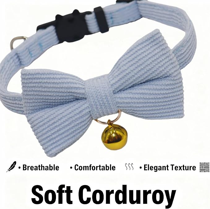 THAIN Cat Collar with Bow Tie and Bell, Breakaway Adjustable Cute Soft Corduroy - Image 2