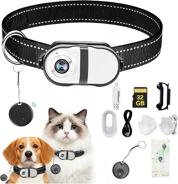 Pet Camera Collar with Air Tracker Tag, 1080P HD Wireless Dog Neck Cam Compact by PawtyPets