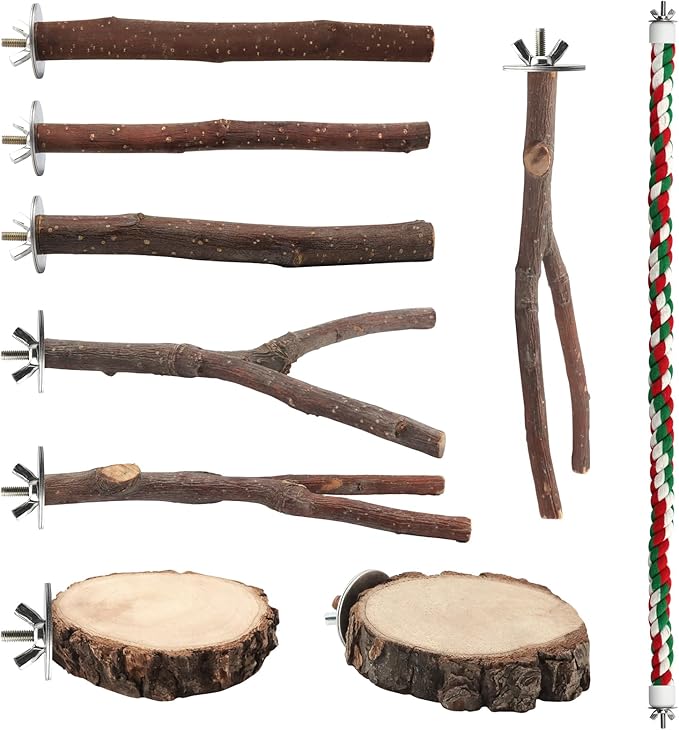 BILLIOTEAM 9PCS Apple Wood Bird Perches, Natural Parrot Stand & Chewing Toy by Unknown