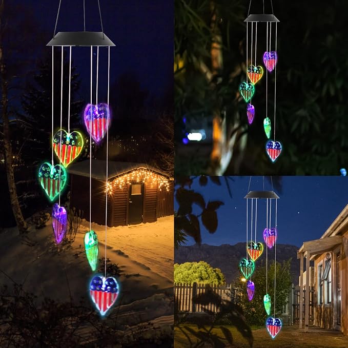 American Flag Solar Wind Chimes, Heart-Shaped Love Patriotic Wind Chime Color - Image 4
