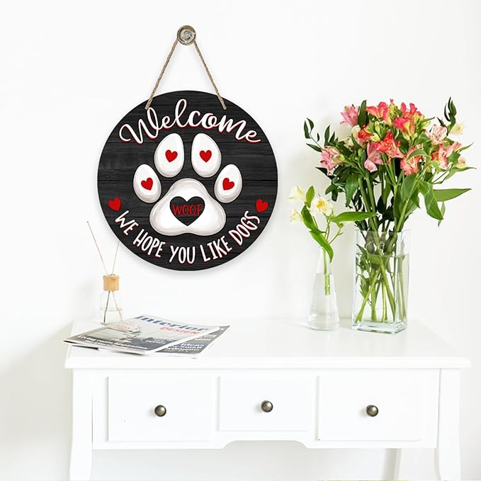 Deroro Welcome We Hope You Like Dogs Front Door Sign, Dog Cat Paw Print Black - Image 6