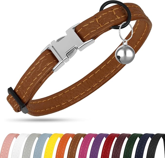Leather Cat Collar with Buckle and Removable Bell - Image 8