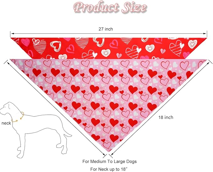 Valentine's Day Dog Bandanas Set 2PCS-Large, Heart Bandanas - Image 2