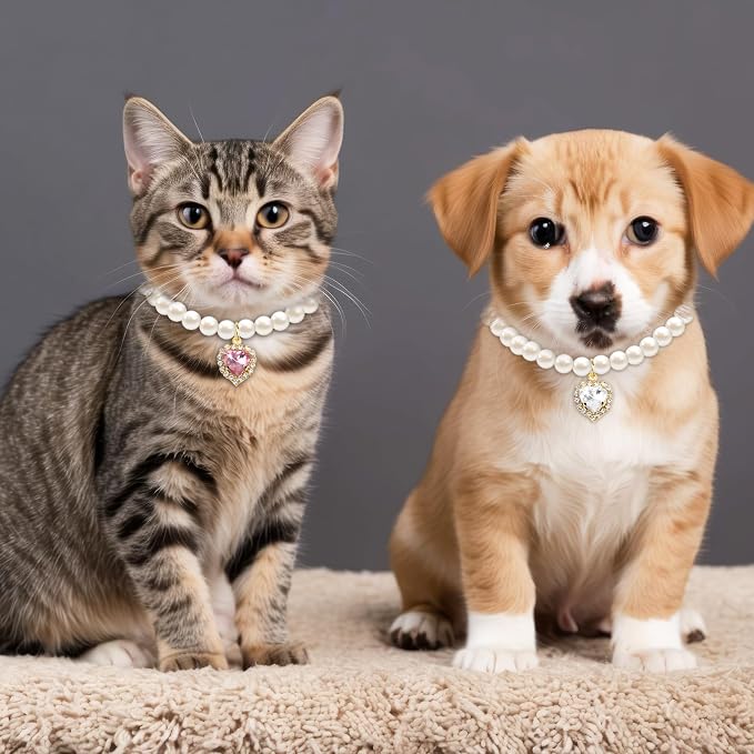 2pcs Cute Girl Cat Collar, Fancy Dog Pearl Necklace Collars Adjustable Pearl - Image 3