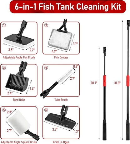 6 in 1 Aquarium Cleaning Tool Kit Fish Tank Algae Scraper, Sponge Pad, Fish Net - Image 2