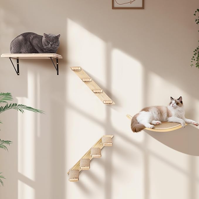 Cat Wall Shelves Set with Sisal Cats Stairs, 4 Piece Wooden Climbing Furniture by PELUOMOZ