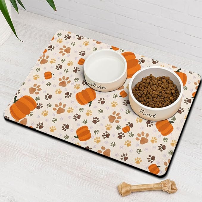 Fall Pumpkin Dog Food & Water Mat, Paw Prints Autumn Pet Feeding Mat by Stunnoosy