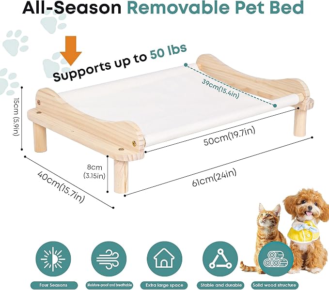 Elevated Wooden Cat Bed – 24"x15.7"x5.9" Breathable Hammock Pet Bed - Image 2