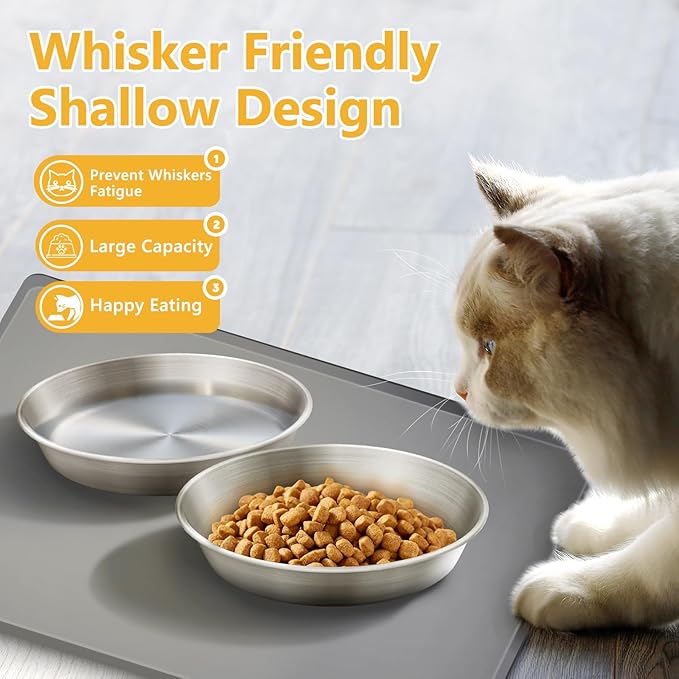 2-Pack Stainless Steel Cat Food Bowls, Shallow Whisker-Friendly Non-Slip - Image 2