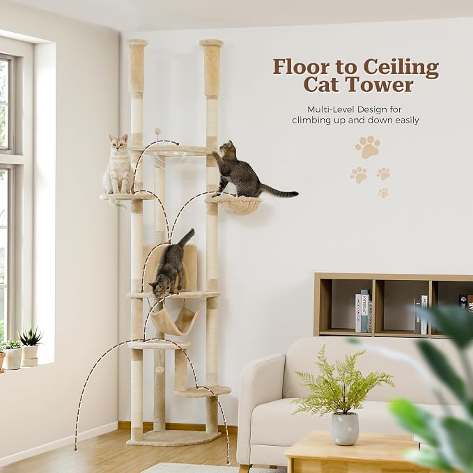PETEPELA Floor to Ceiling Cat Tree, 92.9''-101.6''Height Adjustable Cat Tower - Image 5