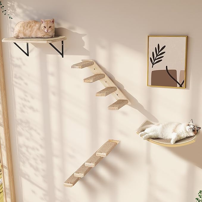 Wall Mounted Cat Shelves Stairs Set, 4 Piece Wood Cats Wall Furniture by PELUOMOZ