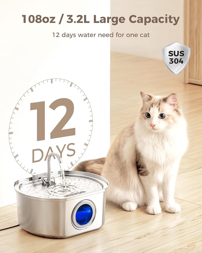 Cat Water Fountain Stainless Steel: 108oz/3.2L Cat Fountain - Image 2