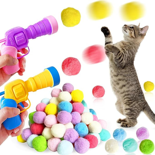 2 Cat Toy Launchers & 100 Cat Pom Pom Balls, Cat Toys Balls Launcher, Launch by Eerrhhaq