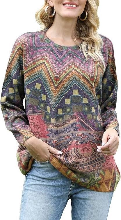 YESNO Women Christmas Sweater Graphic Printed Oversized Pullover Sweaters by YESNO