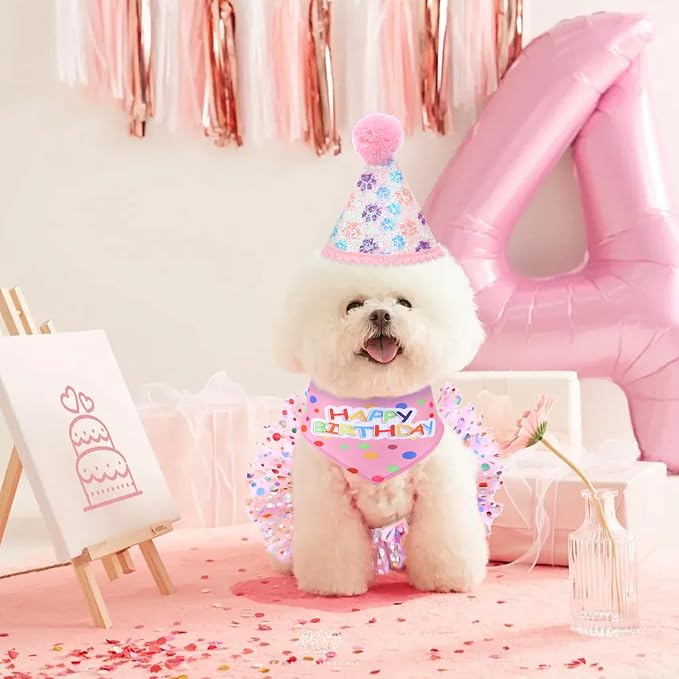Dog Birthday Bandana with Hat and Dress Girl Set Puppy Birthday Party Supplies - Image 4