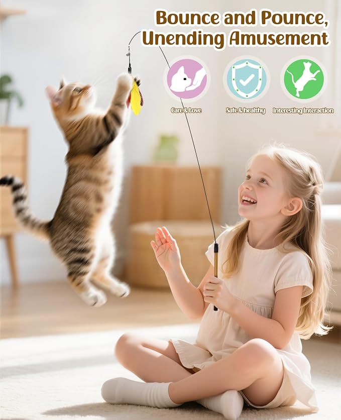 Pawaboo Feather Teaser Cat Toy, Interactive Feather Wand Cats Toy Flying - Image 5