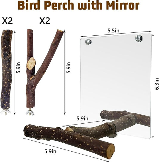 BNOSDM 5PCS Bird Mirror with Perches Stand Parrot Natural Wood Stick Perches - Image 2