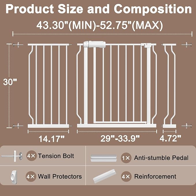 WAOWAO Baby Gate 43.3-52.75" Extra Wide Pressure Mounted Walk Through Swing - Image 2