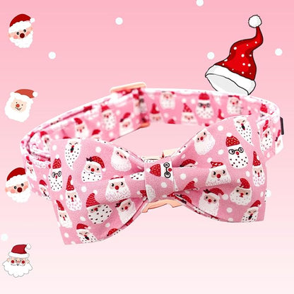 Dog Collar, Christmas Pink Santa Claus Cotton Pet Collar Bow Holiday Girl Boy - Image 3