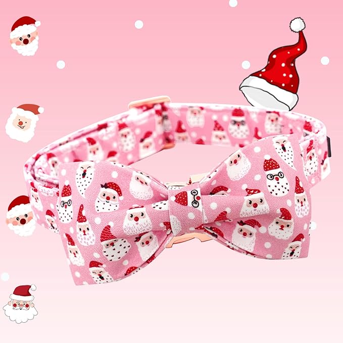 Dog Collar, Christmas Pink Santa Claus Cotton Pet Collar Bow Holiday Girl Boy - Image 3